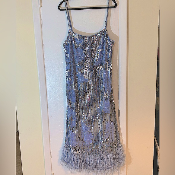 NWT ASOS Lavender, Silver Sequin Floral Midi w/ Faux Feather Hem Size 12 - Picture 7 of 16